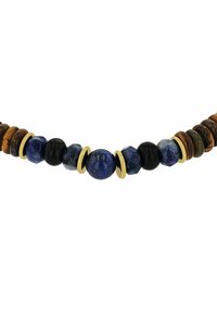 Collana di perline composta da perline tonde e sfaccettate in tonalità di blu, nero e marrone, intervallate da anelli dorati per un contrasto elegante.