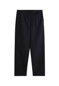 Pantalons noirs à coupe décontractée, taille élastique et cordon de serrage ajustable. Tissu léger avec poches latérales, texture lisse.