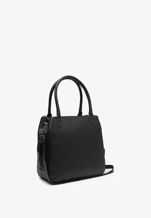 Borsa a mano in pelle nera con doppi manici superiori, tracolla staccabile e scomparto principale con cerniera, in posizione verticale su sfondo bianco.