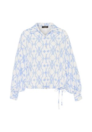 Lichtblauwe en witte cropped blouse met een geometrisch patroon, lange mouwen, knoopsluiting aan de voorkant en een trekkoordzoom voor een verstelbare pasvorm.