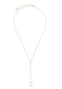 Rose gold-halskjede med en delikat kjede og en enkelt hengende perlependant. Har justerbar lengde med lås.