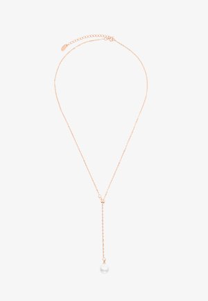 Collier en or rose avec une chaîne délicate et un pendentif en perle suspendu. Dispose d'une longueur ajustable avec un fermoir.