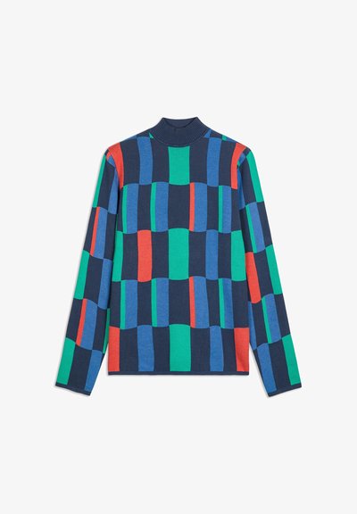 Langärmliger Rollkragenpullover mit einem bunten geometrischen Muster aus blauen, grünen, marineblauen und roten vertikalen sowie horizontalen Blöcken.