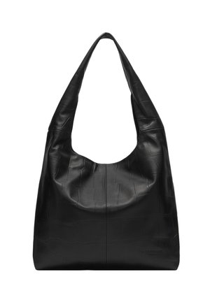 Czarna skórzana torba na ramię o miękkim, luźnym kroju i subtelnym fakturze krokodyla, wyposażona w pojedynczy szeroki pasek.