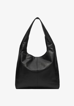 Schwarze Leder-Umhängetasche mit weichem, lässigem Design und dezenter Krokodilstruktur, ausgestattet mit einem einzelnen, breiten Riemen.