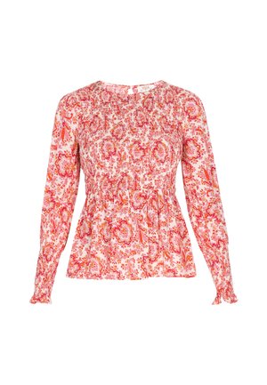 Hosszú ujjú blúz könnyű anyagból, rózsaszín virágos paisley mintával, ráncolt mellrésszel és fodros mandzsettával. Kerek nyakkivágás.