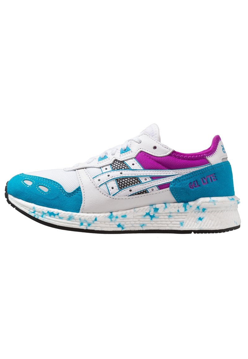 White athletic shoe featuring turquoise and purple accents, mesh and synthetic upper, textured sole, and unique blue speckled detailing.