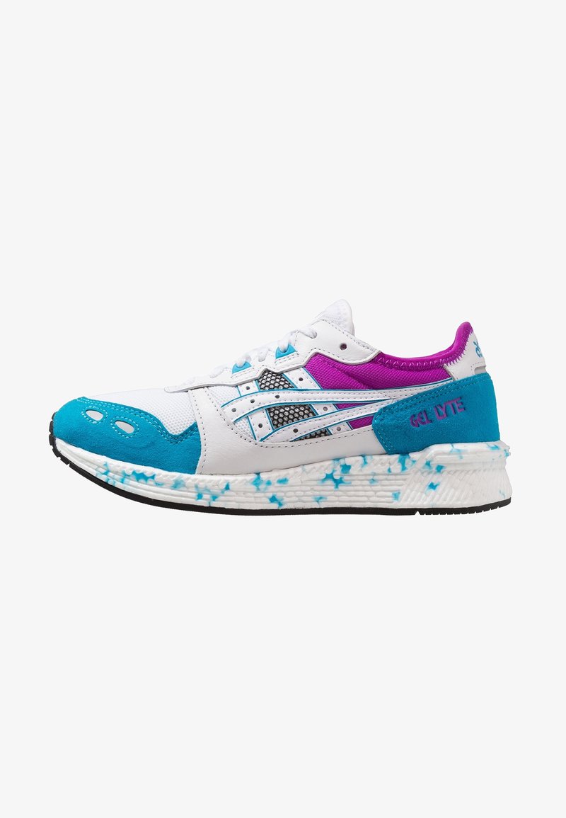 White athletic shoe featuring turquoise and purple accents, mesh and synthetic upper, textured sole, and unique blue speckled detailing.