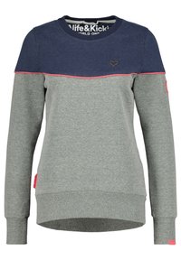 Gray and navy sweatshirt with long sleeves, ribbed cuffs, a round neckline, and a pink accent line. Features a small heart emblem on the chest.