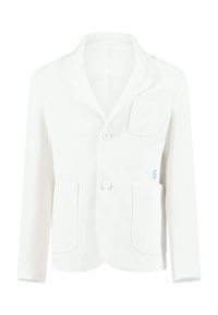 Weißer Blazer mit Reverskragen, zwei vorderen Taschen und vier Knöpfen. Glattes Material mit subtiler glänzender Optik und einer blauen Markenakzent.