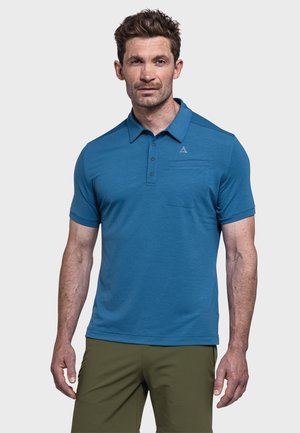 Blaues Polohemd mit Kragen, drei Knöpfen auf der Vorderseite und Taschendetails. Aus leichtem Stoff, mit kurzen Ärmeln und einer figurbetonten Passform.