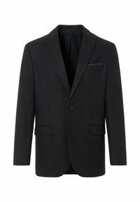 Schwarze Sakkojacke aus strukturiertem Stoff. Einreiher-Design mit zwei Vorderaschen, Reverskragen und einer Brusttasche.