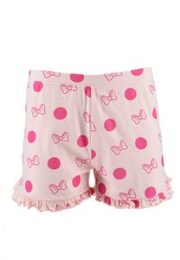 Pantalones cortos de algodón rosa con un patrón de lazos rosas y grandes puntos, con un dobladillo con volantes y una cinturilla elástica para mayor comodidad.