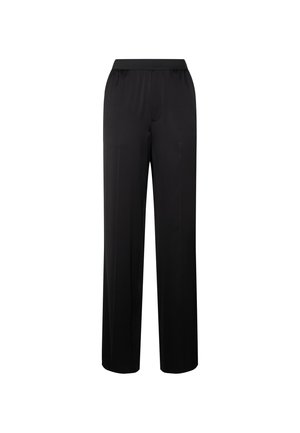Zwarte wijde broek gemaakt van zachte stof, met een elastische tailleband en zonder zichtbare zakken of decoratieve elementen.