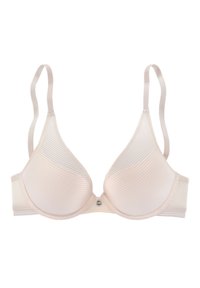 Lichtroze bh met een geribbelde textuur, gewatteerde driehoekige cups, verstelbare bandjes en een klein detail van zilverkleurig hardware in het midden.
