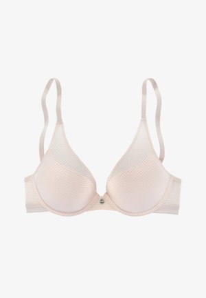 Light pink bra with a ribbed texture, padded triangular cups, adjustable straps, and a small silver hardware detail at the center.
