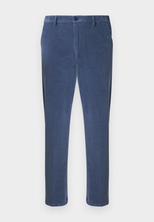 Blue cotton trousers with a smooth texture, straight cut, and a button closure. Features belt loops and front crease detail.