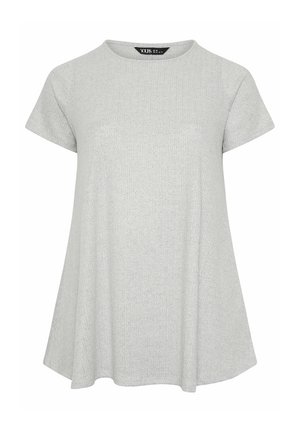 Lysegrå kortærmet strikket bluse med rund halsudskæring og flared kant, mærket størrelse UK 26, EU 54, US 22.