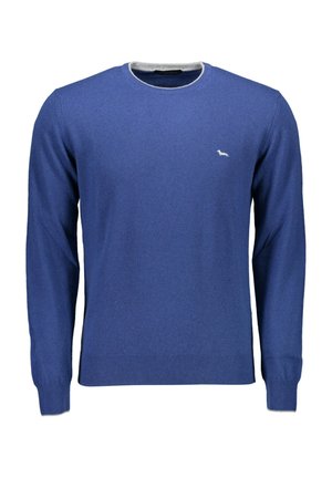 Maglione blu in tessuto a maglia con maniche lunghe. Presenta un collo rotondo con bordino grigio e un piccolo logo bianco sul petto.