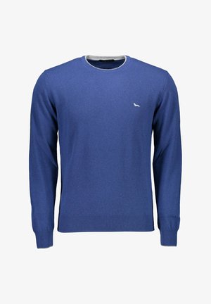 Maglione blu in tessuto a maglia con maniche lunghe. Presenta un collo rotondo con bordino grigio e un piccolo logo bianco sul petto.