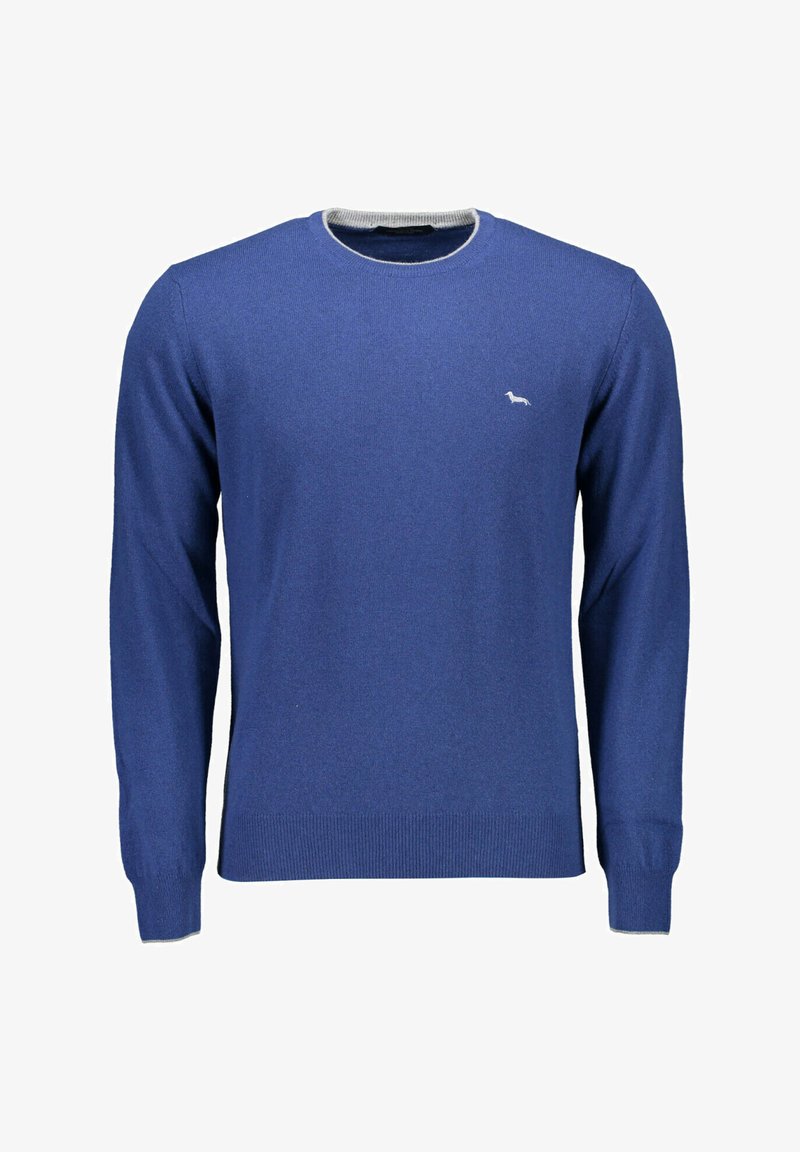 Maglione blu in tessuto a maglia con maniche lunghe. Presenta un collo rotondo con bordino grigio e un piccolo logo bianco sul petto.