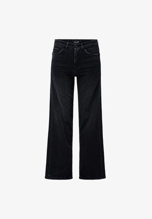 Zwarte jeans met hoge taille en wijde pijpen, voorzien van een knoopsluiting aan de voorkant, riemlussen en zakken aan de voor- en achterkant, afgebeeld op een witte achtergrond.