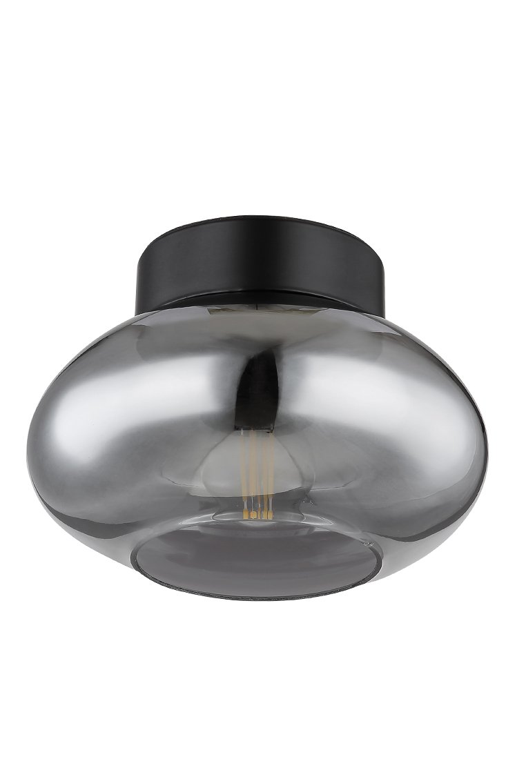 Lampada da soffitto nera con un paralume rotondo in vetro grigio trasparente, dotata di lampadine a filamento a vista e un design fluido e curvato.