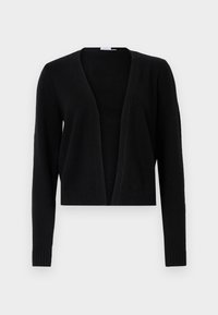 Schwarze, offene Langarm-Strickjacke mit gerippten Bündchen und Saum, vor einem schlichten, hellen Hintergrund präsentiert.