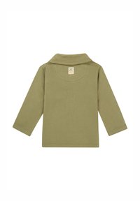 Oliwkowa, długorękawowa koszula z kołnierzykiem i metką. Wykonana z gładkiej bawełnianej tkaniny, ma prosty, bezwzorzystowy design.