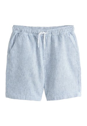 Svetlomodré a biele vertikálne pásikované bežné šortky s elastickým pásom a bielym šnúrkovaním, s bočnými vreckami.