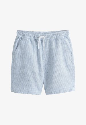Jasnoniebieskie i białe, pionowo prążkowane, casualowe spodenki z elastycznym pasem i białym sznurkiem, wyposażone w boczne kieszenie.