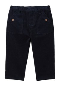 Pantalons en velours côtelé bleu marine avec une coupe décontractée, dotés d'une taille élastique, de deux poches avant et de boutons en bois décoratifs.