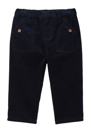 Pantalons en velours côtelé bleu marine avec une coupe décontractée, dotés d'une taille élastique, de deux poches avant et de boutons en bois décoratifs.