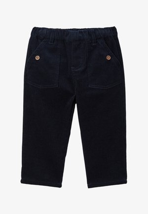 Pantalons en velours côtelé bleu marine avec une coupe décontractée, dotés d'une taille élastique, de deux poches avant et de boutons en bois décoratifs.