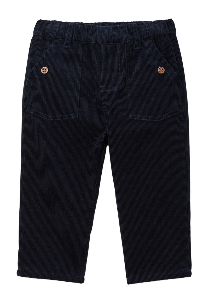 Pantalons en velours côtelé bleu marine avec une coupe décontractée, dotés d'une taille élastique, de deux poches avant et de boutons en bois décoratifs.