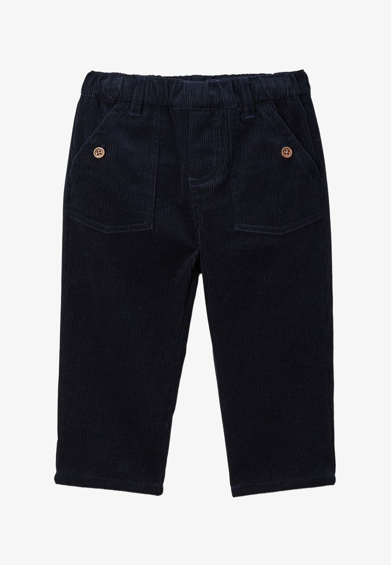 Pantalons en velours côtelé bleu marine avec une coupe décontractée, dotés d'une taille élastique, de deux poches avant et de boutons en bois décoratifs.