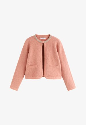 Rožinė vilnos megztinis su apykakle, tekstūruota medžiaga ir dviem priekinėmis kišenėmis. Yra kontrastinė apdaila aplink apykaklę.