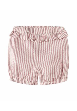 Rosa og hvide lodrette stribede babyshorts med elastisk talje, flæsekant øverst og elastiske benåbninger.
