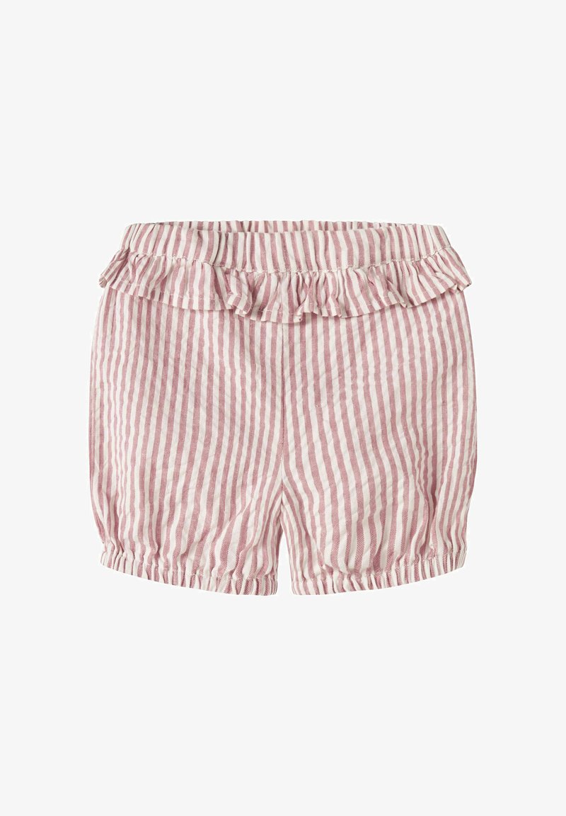 Shorts bébé à rayures verticales roses et blanches avec taille élastique, bord volanté en haut et ouvertures élastiques aux jambes.