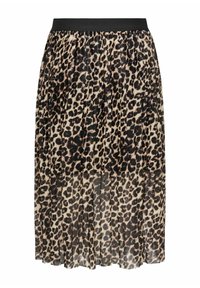 Lauvas raksta svārki ar krokotām detaļām, apdarītas ar melnu gumiju jostasvietā. Audums izskatās viegls un plūstošs.