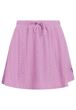 Mini-jupe en maille lilas avec taille élastique et cordon de serrage, présentant des motifs de rayures verticales texturées et à œillets.