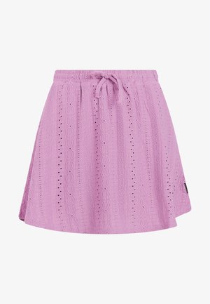 Fliederfarbener gestrickter Minirock mit elastischem Bund und Kordelzug, ausgestattet mit vertikalen, strukturierten und Lochmuster-Streifen.