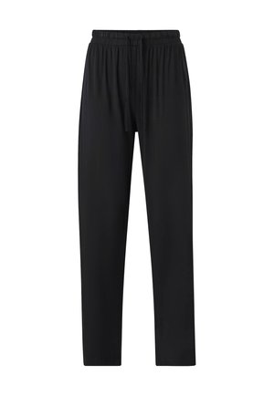 Zwarte, comfortabele broek met een losse pasvorm gemaakt van zachte stof. Voorzien van een elastische tailleband met een trekkoord, rechte pijpen en geen zichtbare patronen.