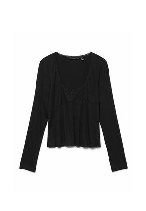 Zwarte lange mouwen top, met een ronde halslijn, kantafwerking langs de kraag en een losse pasvorm met geplooide details bij de borst.