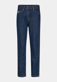 Mørkeblå denimjeans med rette ben, med fem lommer, belte løkker og en enkelt knappelukking. Jeansen har en jevn tekstur og klassisk søm.