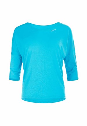 Türkise T-Shirt mit lockerer Passform, 3/4-Ärmeln und rundem Ausschnitt. Aus weichem Stoff gefertigt und mit dezenten Nähten in der Nähe des Kragens versehen.