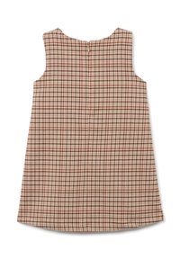 Robe sans manches beige avec un motif à carreaux marron et rouge. Encolure arrondie et fermeture éclair au dos. Texture de tissu lisse.