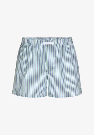 Boxer a righe in blu, verde e bianco. Realizzati in tessuto leggero con una cintura elastica e un'apertura frontale.
