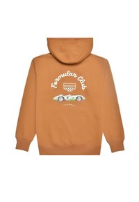 Sudadera marrón con cordón, que presenta un gráfico de "Formular Club" y un diseño de coche antiguo en la parte trasera con acentos en blanco y verde.