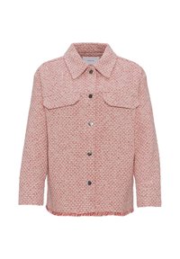 Veste texturée rose et blanche à manches longues avec col, quatre boutons devant et deux poches poitrine à rabat.